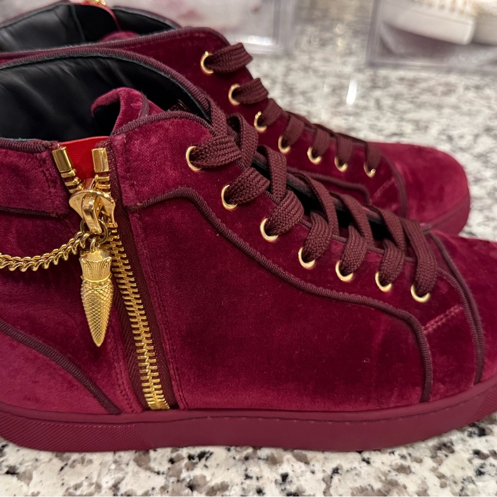 Burgundy Velvet High-Top Sneakers with Gold Zipper Detail